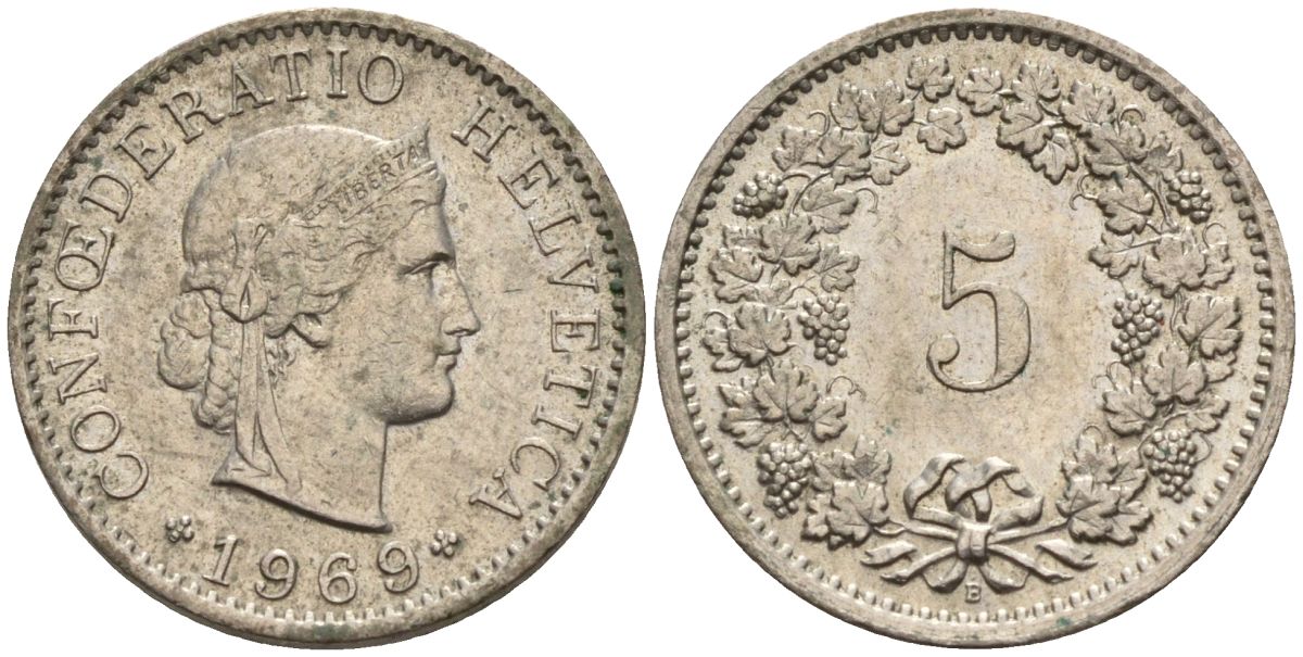 Швейцария 5 раппенов 1969 KM 26 медно-никель 4152-559
