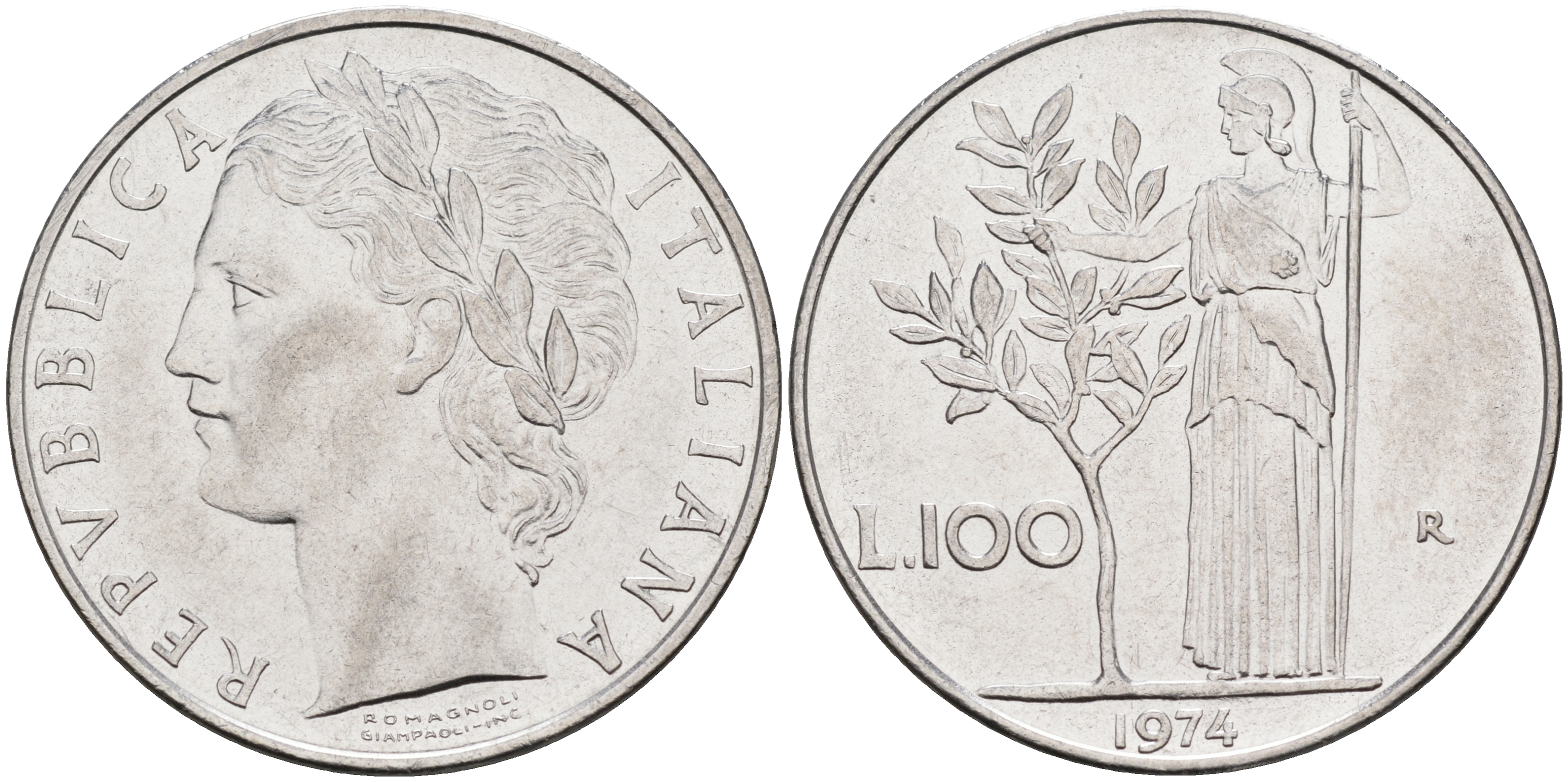 Италия 100 лир 1974 R, Афина KM 96.1 нержавеющая сталь 4117-332