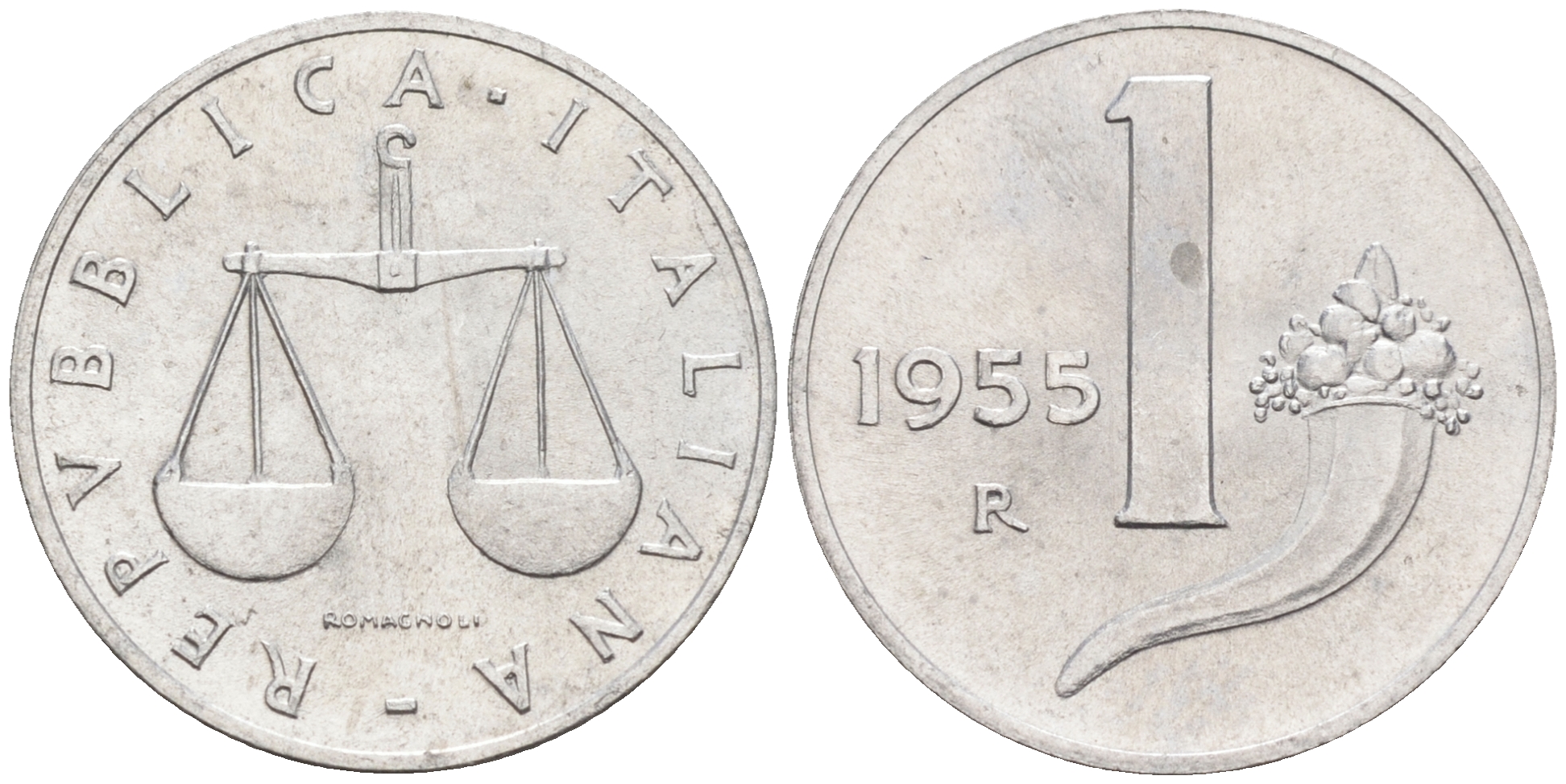 Италия 1 лира 1955 R, весы KM 91 алюминий  UNC  4594-628