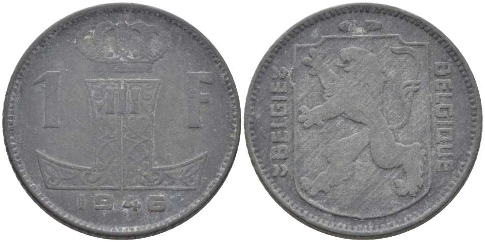 БЕЛЬГИЯ 1 ФРАНК 1946 BELGIE-BELGIQUE, ГЕРМАНСКАЯ ОККУПАЦИЯ, ВТОРАЯ МИРОВАЯ ВОЙНА, ЛЕОПОЛЬД III (1934-1950) KM 128 цинк 119-421