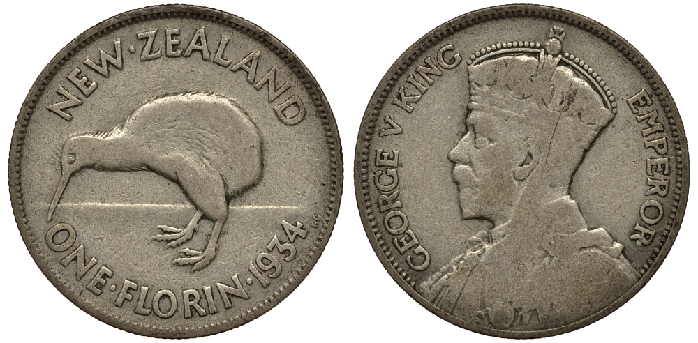 Новая Зеландия 1 флорин 1934 Георг V (1910-1936), птичка киви KM 4 серебро 272-1321