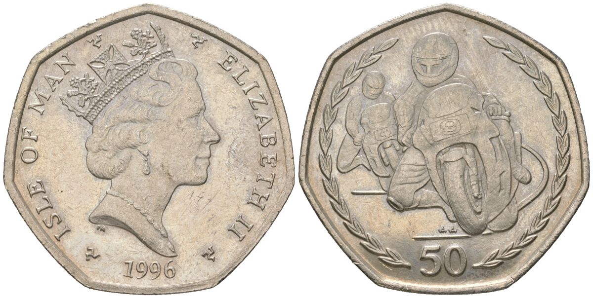 Остров Мэн 50 пенсов 1996 Мотогонки "Tourist Trophy" KM 593 медно-никель aUNC 4044-832