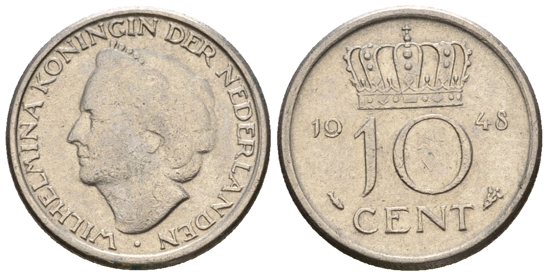 Нидерланды 10 центов 1948 Вильгельмина (1895-1948) KM 177 никель 220-535