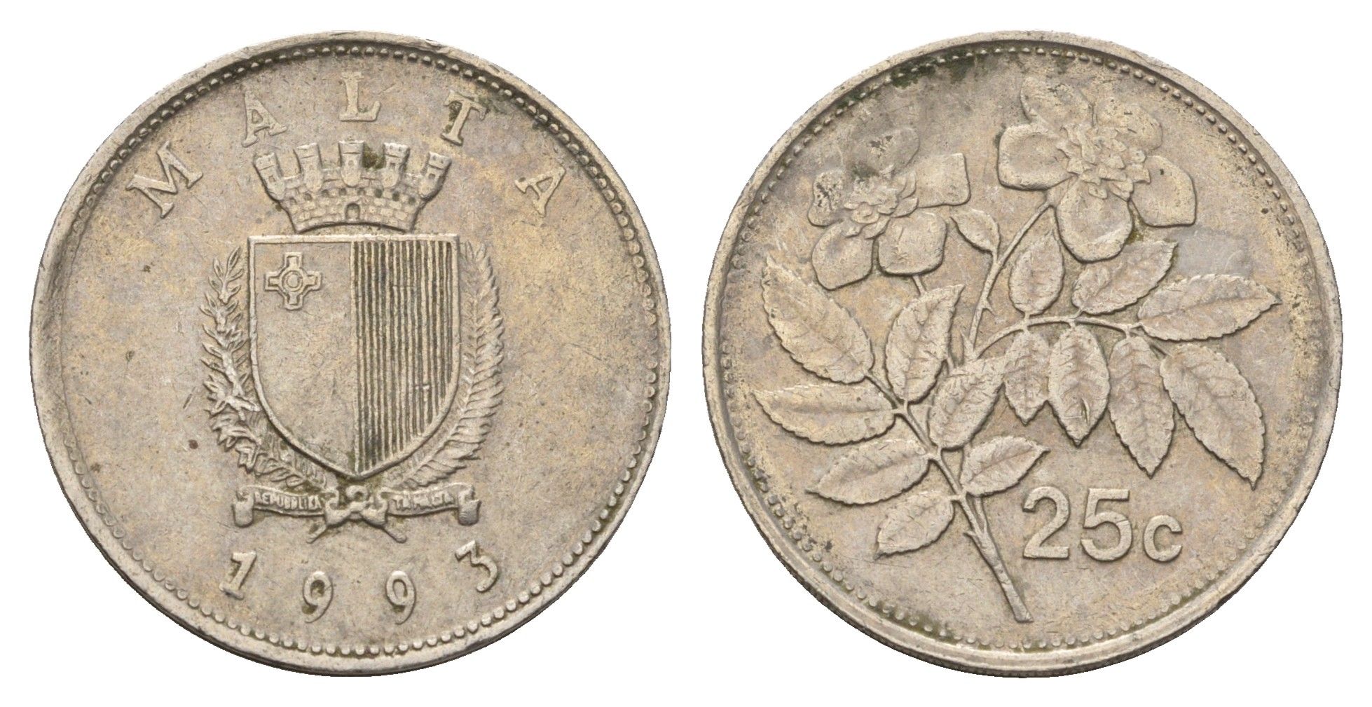 Мальта 25 центов 1993 шиповник вечнозелёный KM 97 медно-никель 4703-714