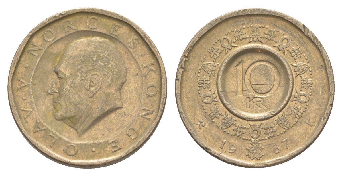 Норвегия 10 крон 1987 Улаф V (1957-1991) KM 427 никель латунь 4635-755