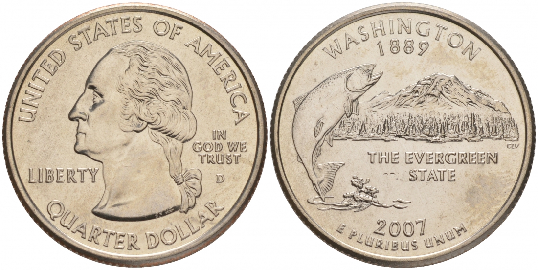 США 25 центов (квотер) 2007 D, серия штаты США, штат Вашингтон KM 397 медь плакированная медно-никелем UNC M25-13