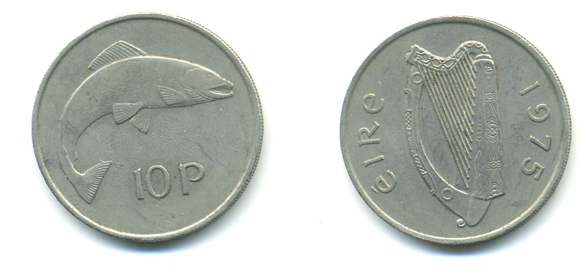 ИРЛАНДИЯ 10 ПЕНСОВ 1975 ЛОСОСЬ KM 23 медно-никель 93-512