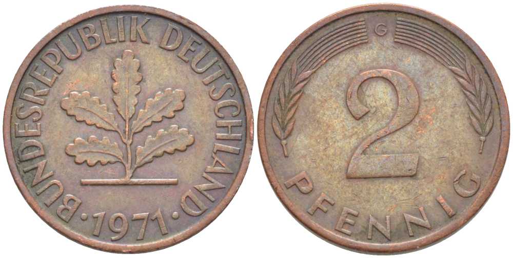 ФРГ 2 ПФЕННИГА 1971 G KM 106a, J. 381a сталь плакированная сталь плакированная медьюю 116-325