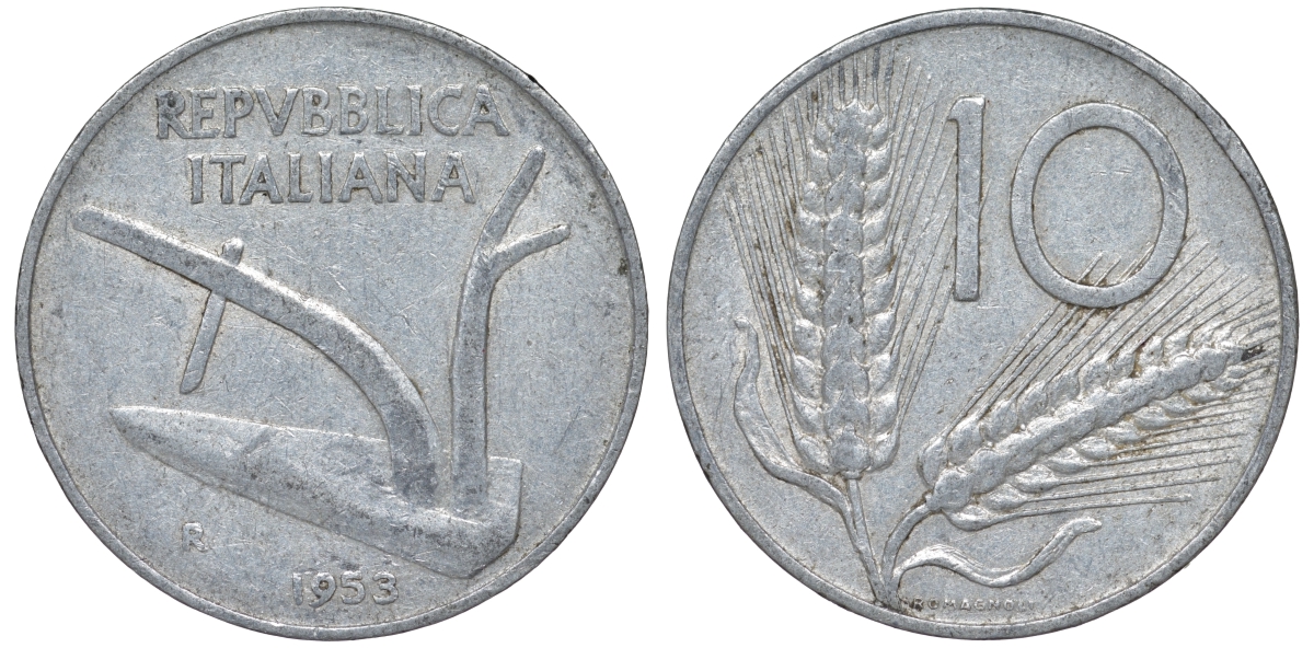 Италия 10 лир 1953 R, плуг, колосья KM 93 алюминий 4543-515