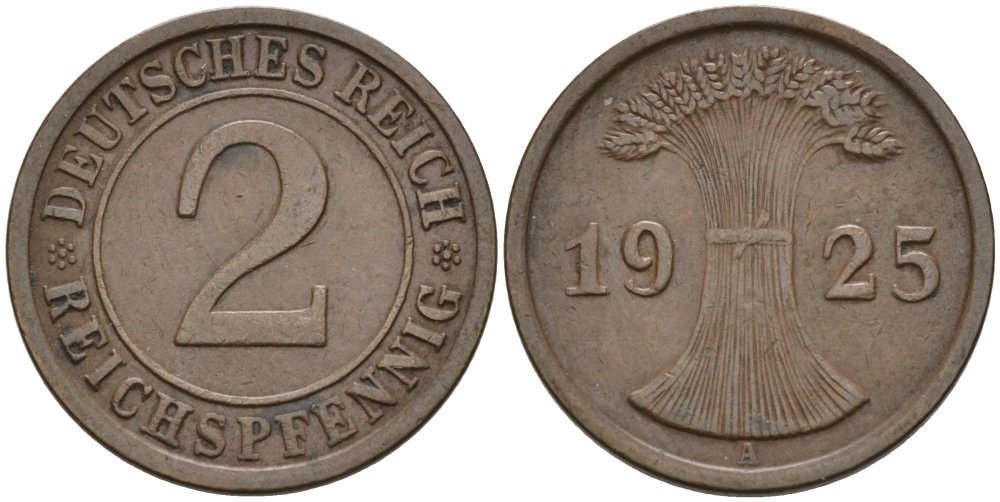 Германия 2 рейхспфеннига 1925 А KM 38, J.314, Weege 4 бронза 4575-434