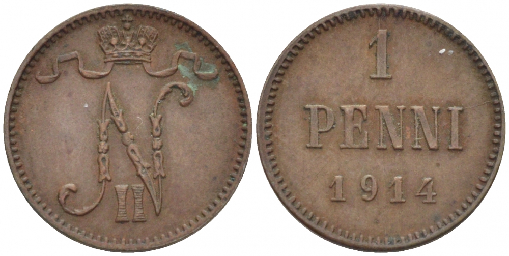 Россия для Финляндии 1 пенни 1914 Николай II (1894-1917) KM 13, Биткин 474 медь 4396-1427