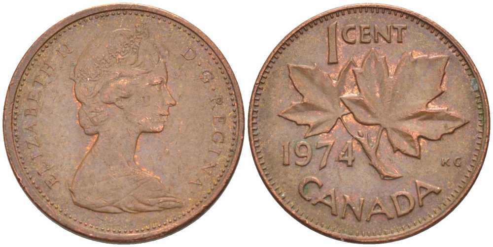 Канада 1 цент 1974 Елизавета II (1952-2022), кленовый лист KM 59.1 бронза 54-144