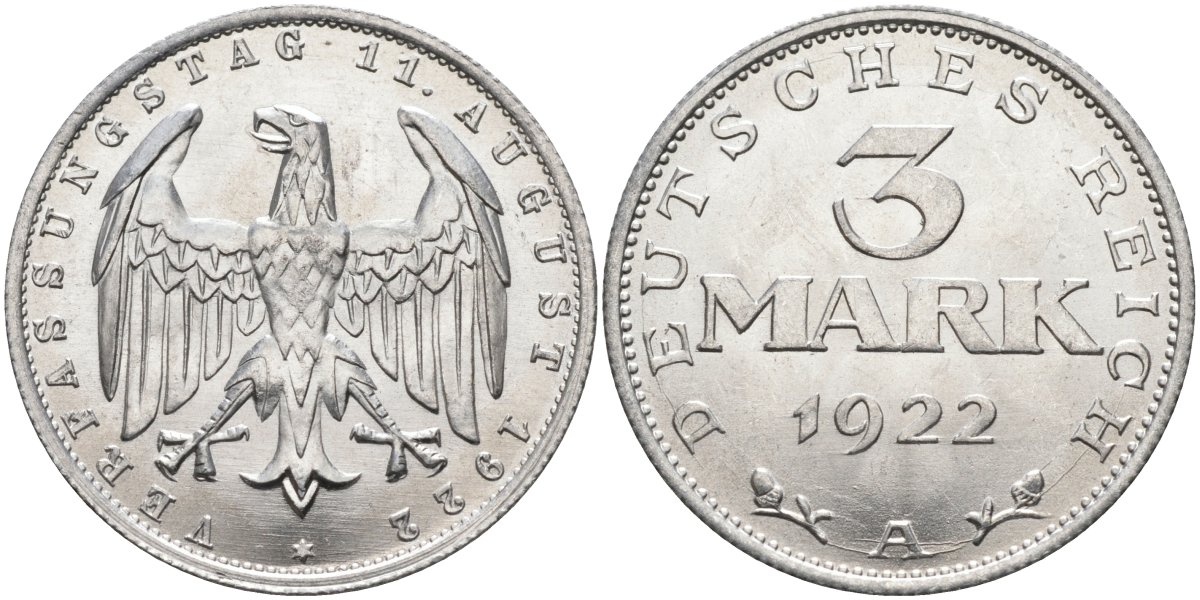 Германия 3 марки 1922 A, третья годовщина Веймарской Конституции KM 29, J.303 алюминий UNC 4587-136