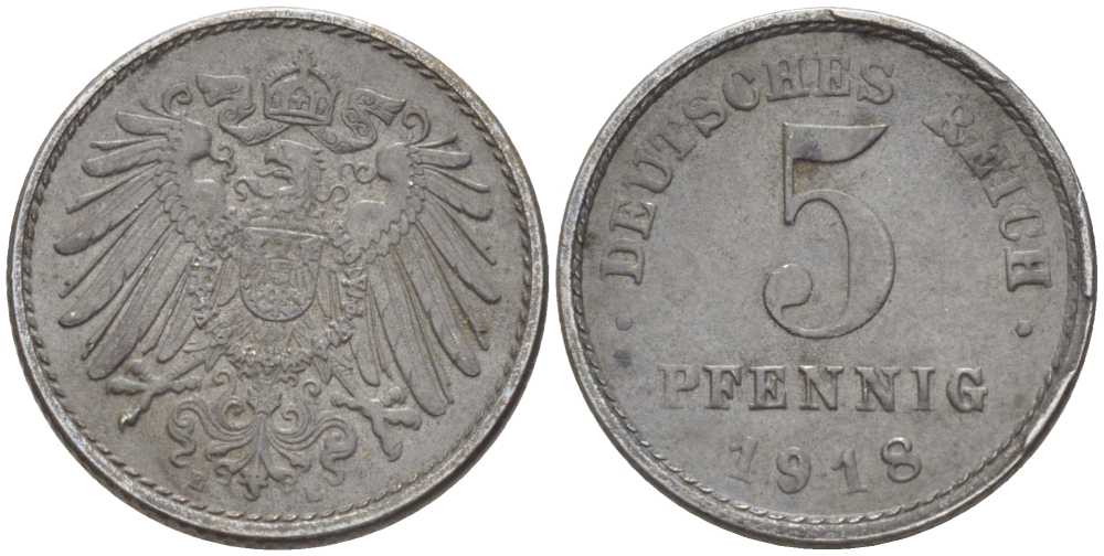ГЕРМАНИЯ 5 ПФЕННИГОВ 1918 E KM 19, J. 297, Weege 5 железо 206-721