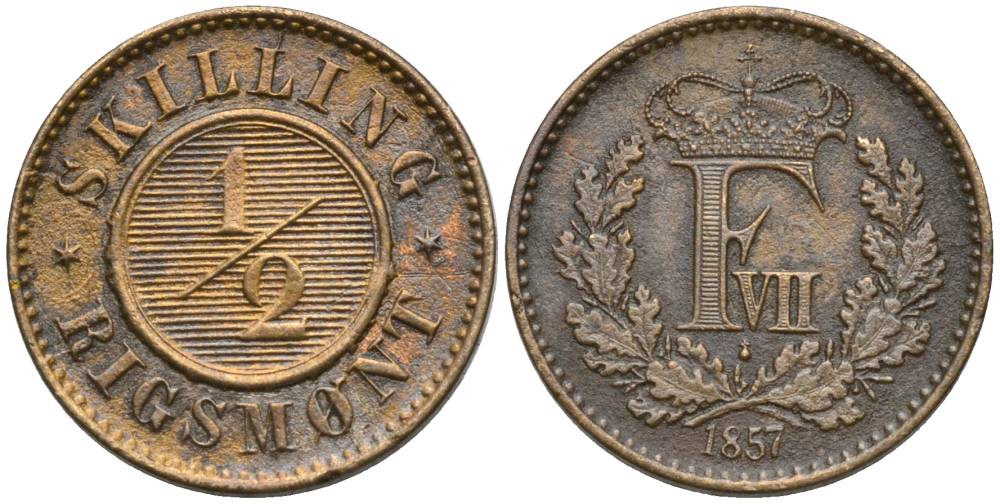 Дания 1/2 скиллинга ригсмонт 1857 Фредерик VIII (1848-1863) KM 767 бронза    4549-1153
