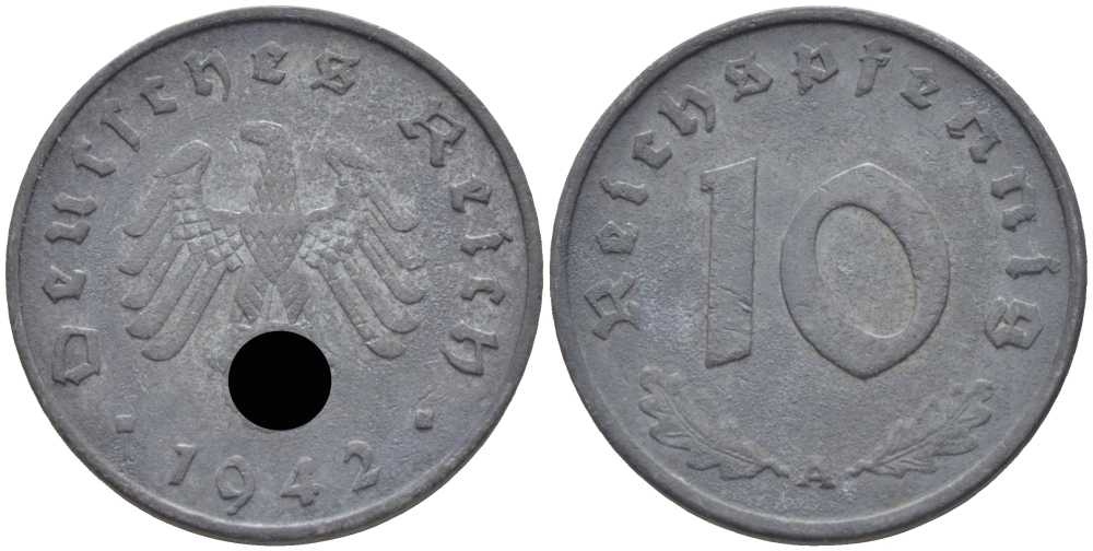 ГЕРМАНИЯ 10 РЕЙХСПФЕННИГОВ 1942 A KM 101, J. 371 цинк 4401-634