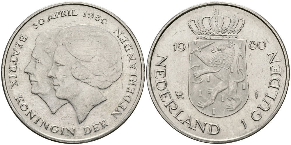 Нидерланды 1 гульден 1980 на коронацию Беатрикс, 30 апреля 1980 KM 200 никель 94-712