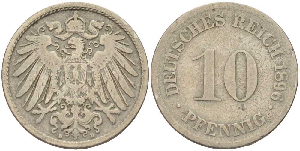 ГЕРМАНИЯ 10 ПФЕННИГОВ 1896 D KM 12, J. 13 медно-никель 4401-953