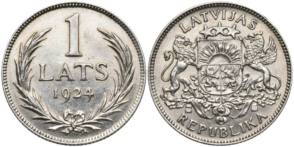 Латвия 1 лат 1924 Первая республика (1918-1939) KM 7 серебро 27-1236