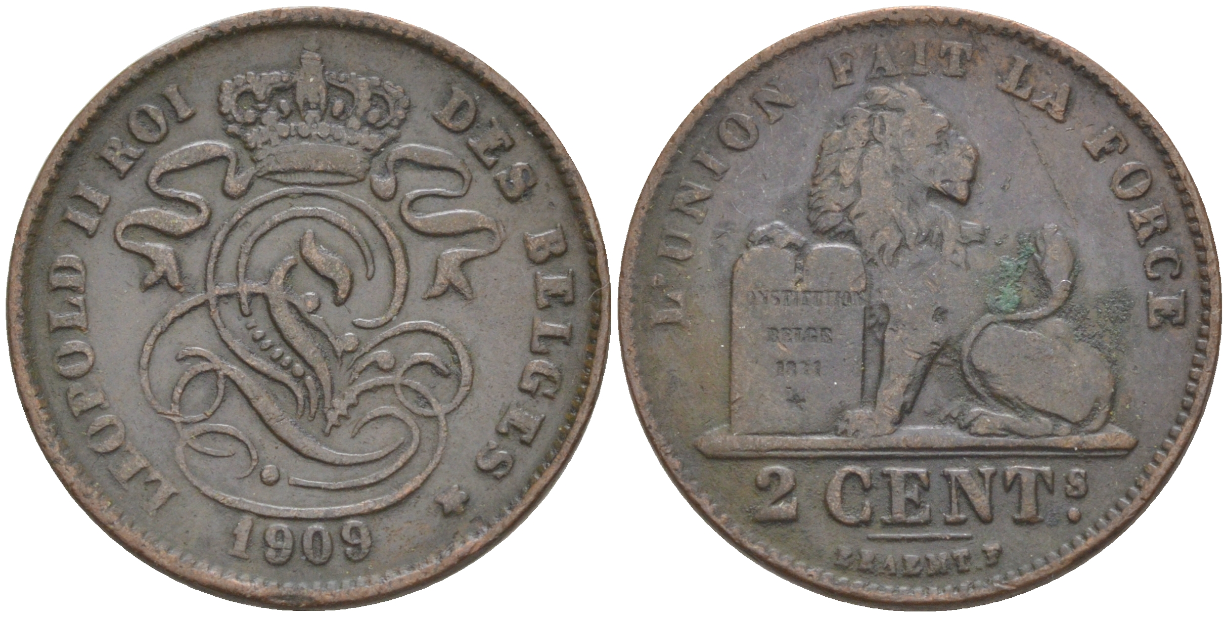 БЕЛЬГИЯ 2 САНТИМА 1909 BELGES KM 35.1 медь 106-421