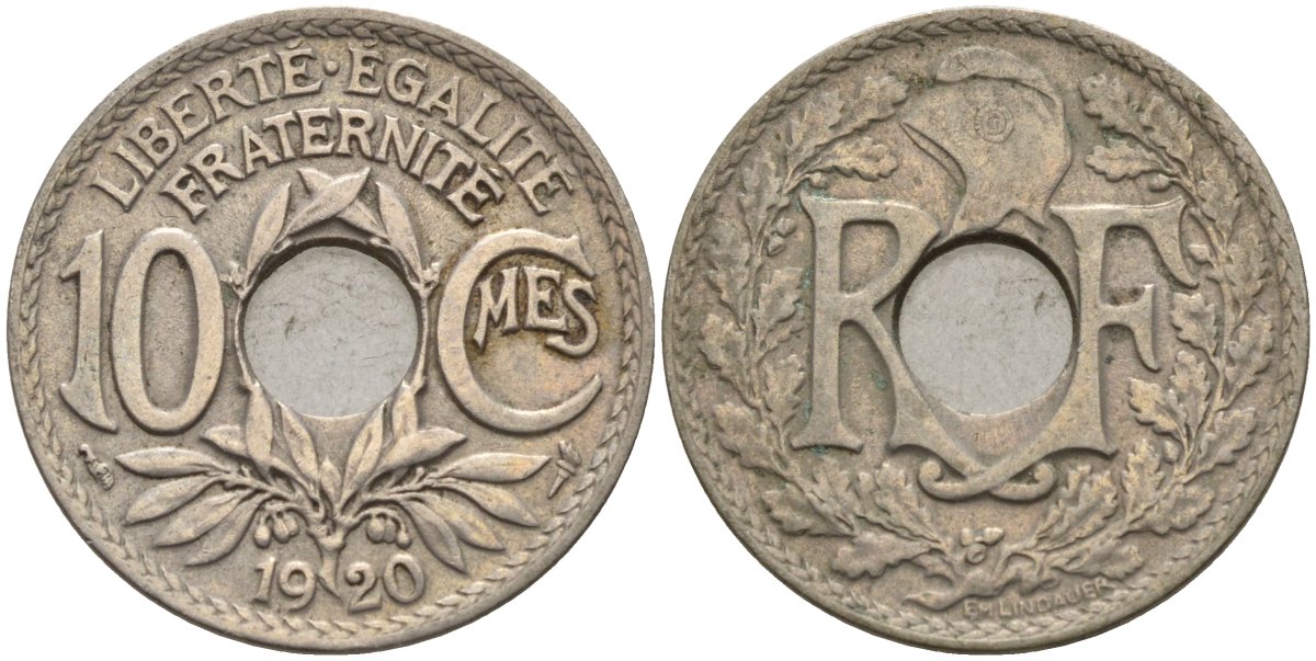 Франция 10 сантимов 1920 KM 866a, Le Franc 138.3 медно-никель 4143-854