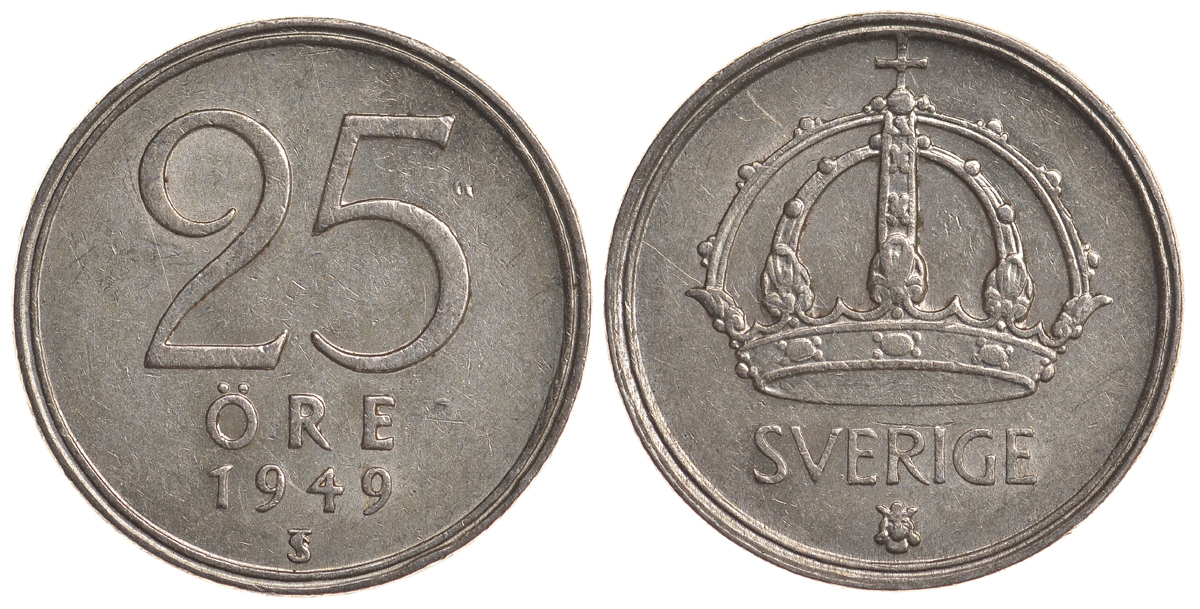 Швеция 25 эре 1949 TS, Густав V (1907-1950) KM 816 серебро 4179-866