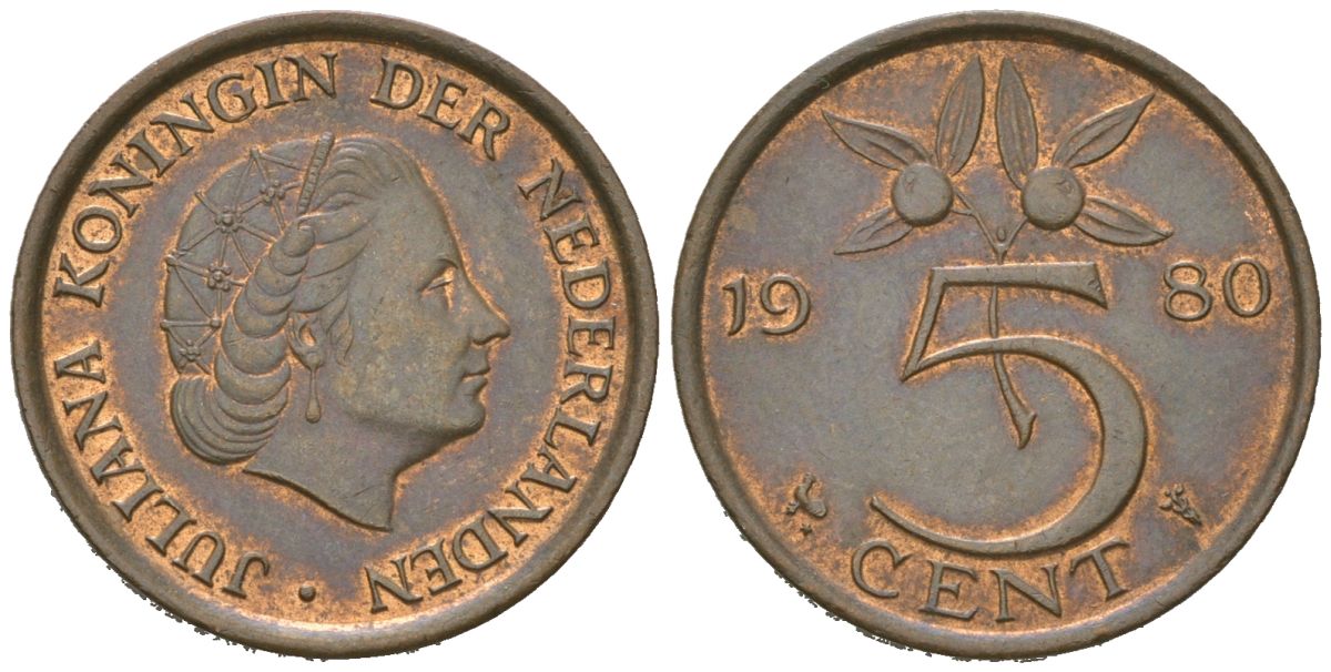 Нидерланды 5 центов 1980 KM 181 бронза aUNC 4618-359
