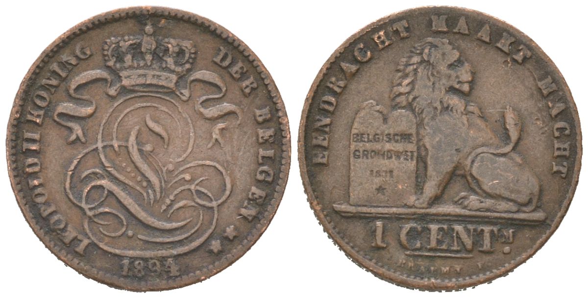 Бельгия 1 сантим 1894 DER BELGEN, Леопольд II (1865-1909) KM 34 медь 4617-517