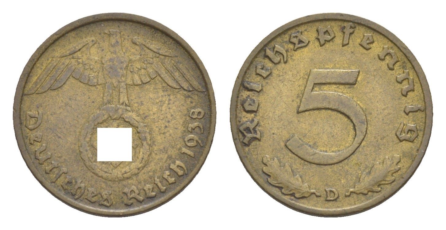 Германия 5 рейхспфеннигов 1938 D KM 91, J. 363 алюминиевая бронза 4647-823