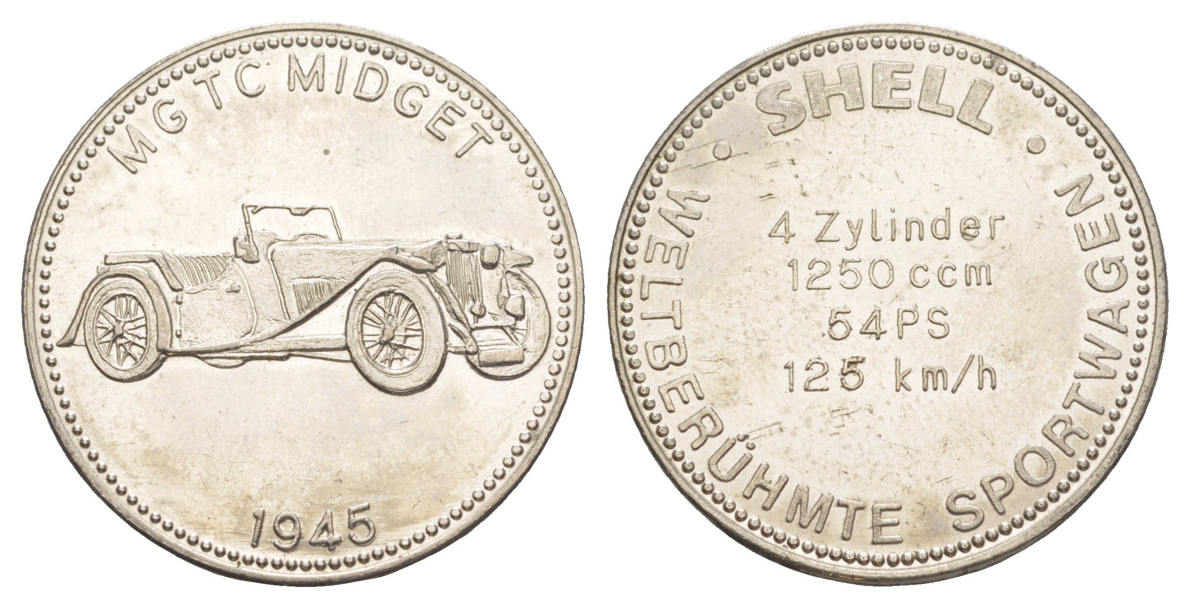 Германия жетон Shell - Знаменитые спортивные автомобили - MG TC Midget 1945 ND диаметр 29,6 мм, вес 9,8 гр сталь плакированная никелем 4175-846