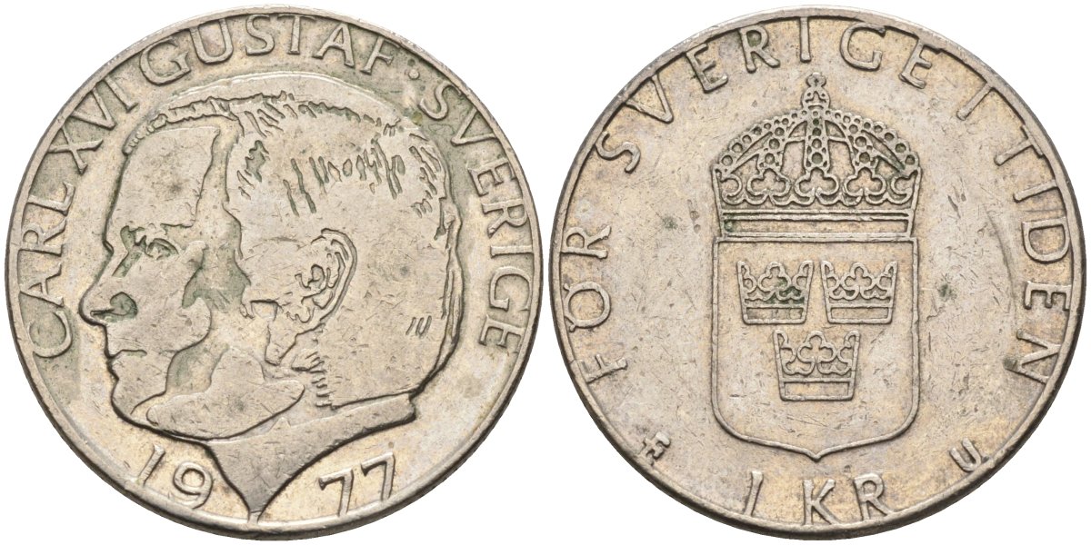 Швеция 1 крона 1977 Карл XVI Густав (1973- ) KM 852 медь плакированная медно-никелем 181-655