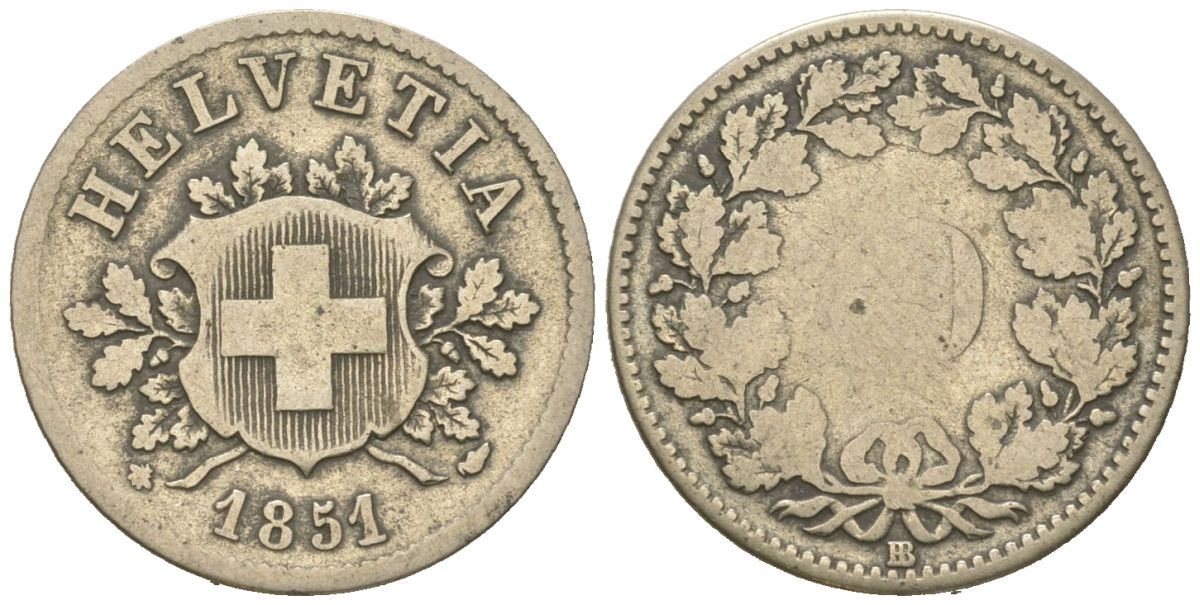 Швейцария 5 раппенов 1851 BB KM 5 серебро 4617-335