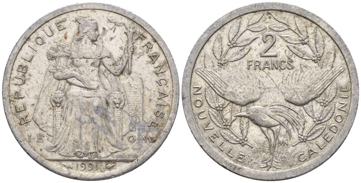Французская Новая Каледония 2 франка 1991 птица кагу, (IEOM) KM 14, Schoen 11, Lec 67 алюминий    23-647
