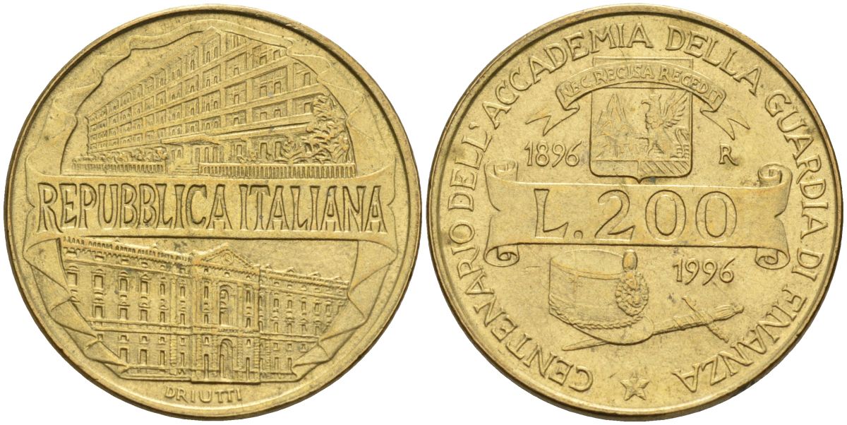 Италия 200 лир 1996 R, 100 лет Академии таможенной службы KM 184 алюминиевая бронза 4126-126