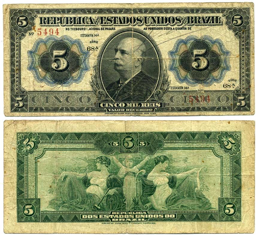 Бразилия 5 мил рейс - 5000 рейс 1913 Pick 24 бумага 451-203-3