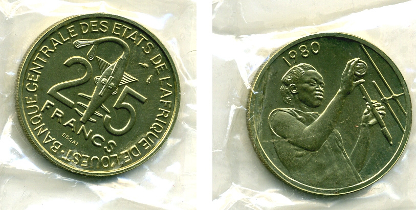 Западно-Африканские штаты 25 франков 1980 пробник, ESSAI, в оригинальной упаковке КМ E9 алюминиевая бронза UNC 5010-313