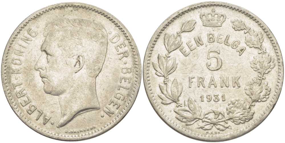 БЕЛЬГИЯ 5 ФРАНКОВ 1931 АЛЬБЕРТ I, DER BELGEN KM 98 никель 3851-334