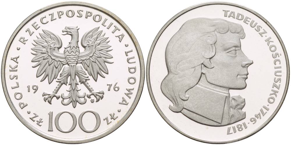 Польша 100 злотых 1976 MW, Тадеуш Костюшко (1746-1817), в оригинальной упаковке KM 82, Parchimowicz 274 серебро PROOF 5-3-1-35