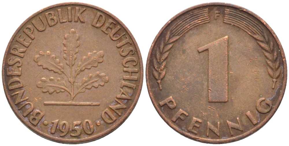 ФРГ 1 ПФЕННИГ 1950 F KM 105, J. 380 сталь плакированная медью 116-353