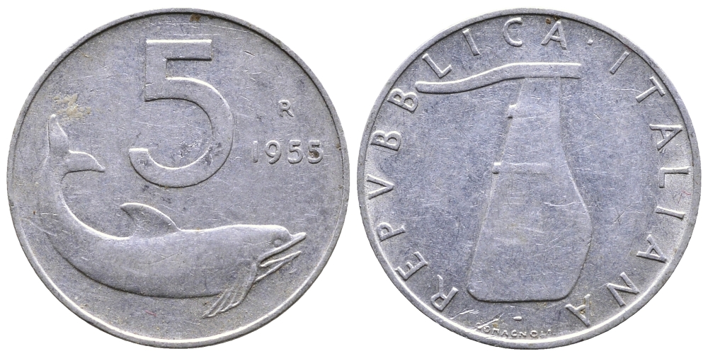 ИТАЛИЯ 5 ЛИР 1955 R, РУЛЬ, ДЕЛЬФИН KM 92 алюминий 51-2521