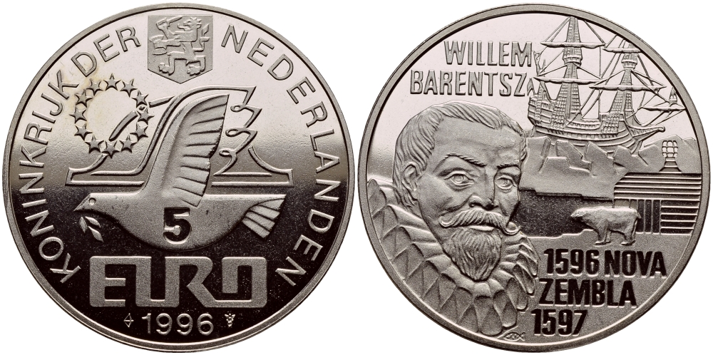 НИДЕРЛАНДЫ 5 ЕВРО 1996 ВИЛЛЕМ БАРЕНЦ (1596-1597) НОВАЯ ЗЕМЛЯ медно-никель UNC 650-1133