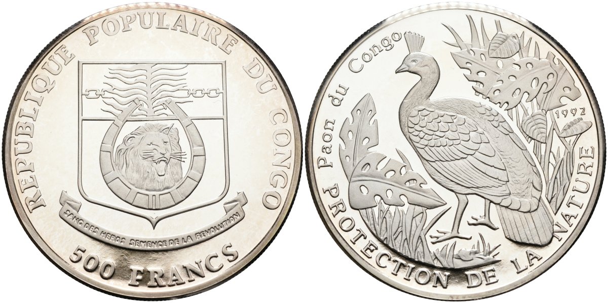Конго 500 франков 1992 серия охрана природы, павлин Конго KM 12 серебро PROOF 04-320-15