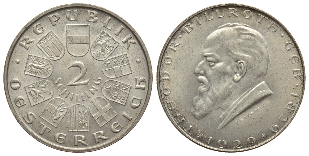 Австрия 2 шиллинга 1929 100 лет со дня рождения Теодора Бильрота KM 2844 серебро 413-511