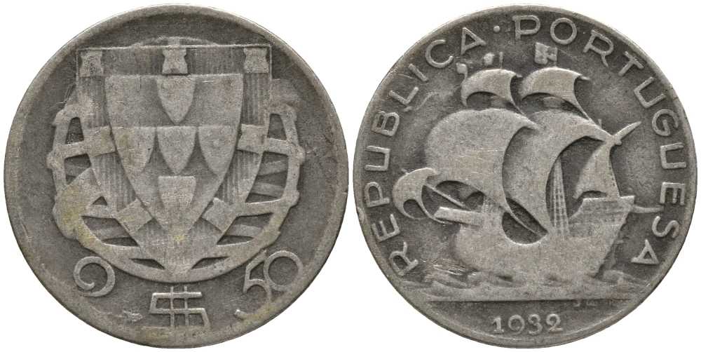 Португалия 2,50 эскудо 1932 парусник КМ 580 серебро 202-352