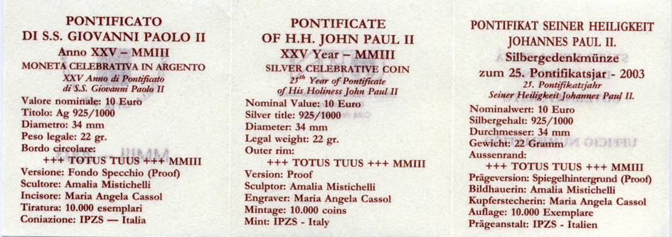 Ватикан 10 евро 2003 серебро PROOF 7-5-4-11