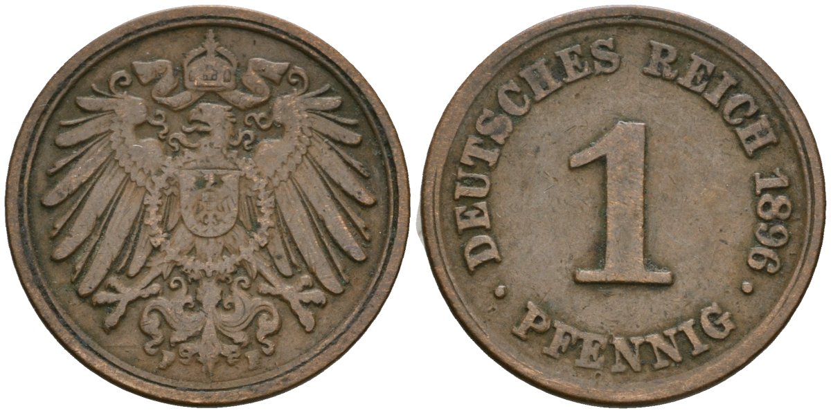 Германия 1 пфенниг 1896 F, Вильгельм II (1888-1918) KM 10, J. 10 медь 4608-214