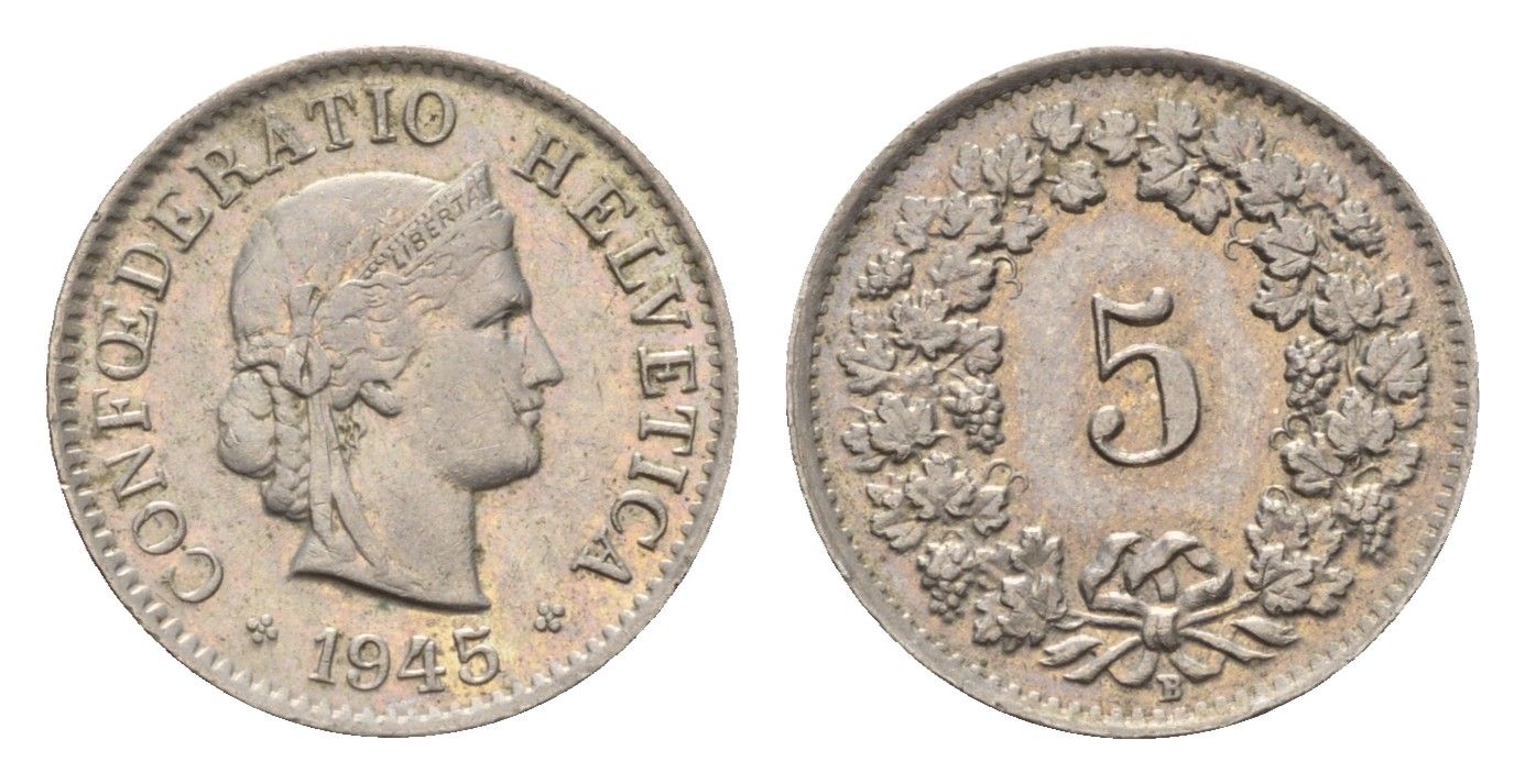 Швейцария 5 раппенов 1945 B KM 26 медно-никель 46-1125