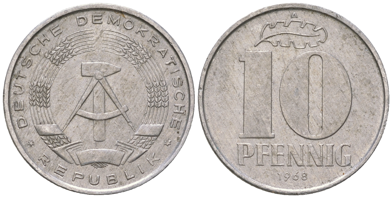 ГДР 10 пфеннигов 1968 A KM 10 алюминий 3459-633