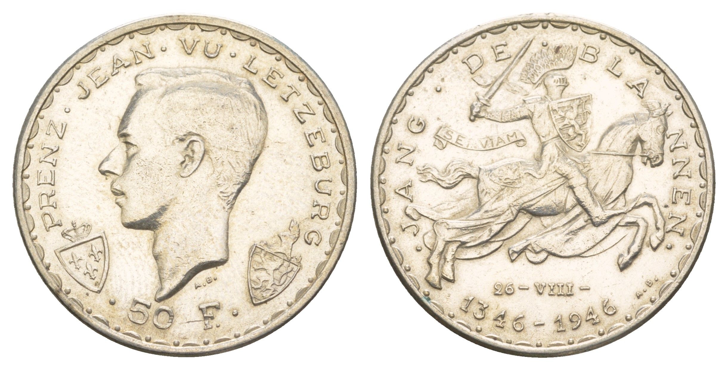 Люксембург 50 франков 1946 600 лет со дня смерти Иоганна Люксембургского KM 48 серебро 413-2742