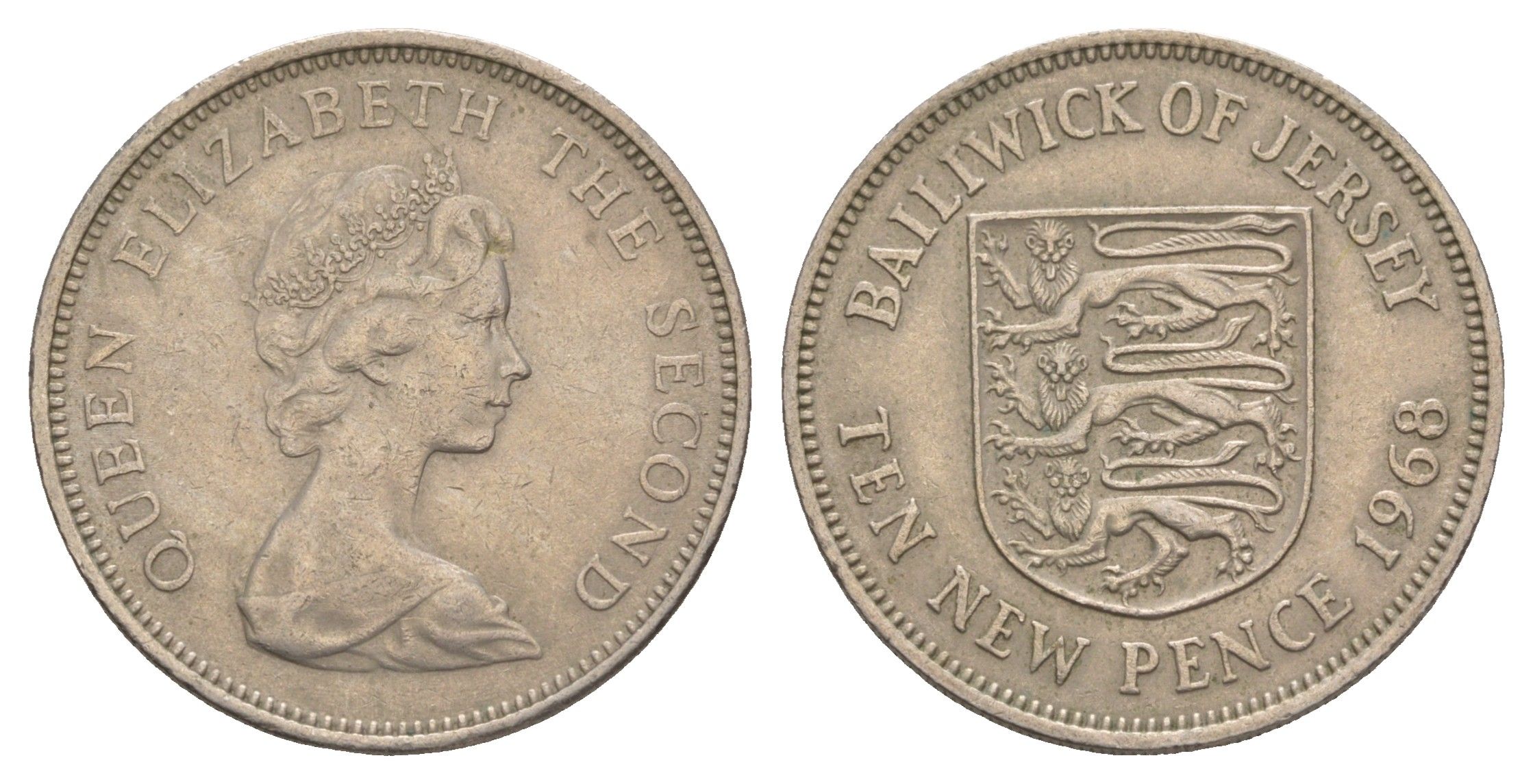 Джерси 10 новых пенсов 1968 герб, Елизавета II (1952-2022) KM 33 медно-никель 4653-1016